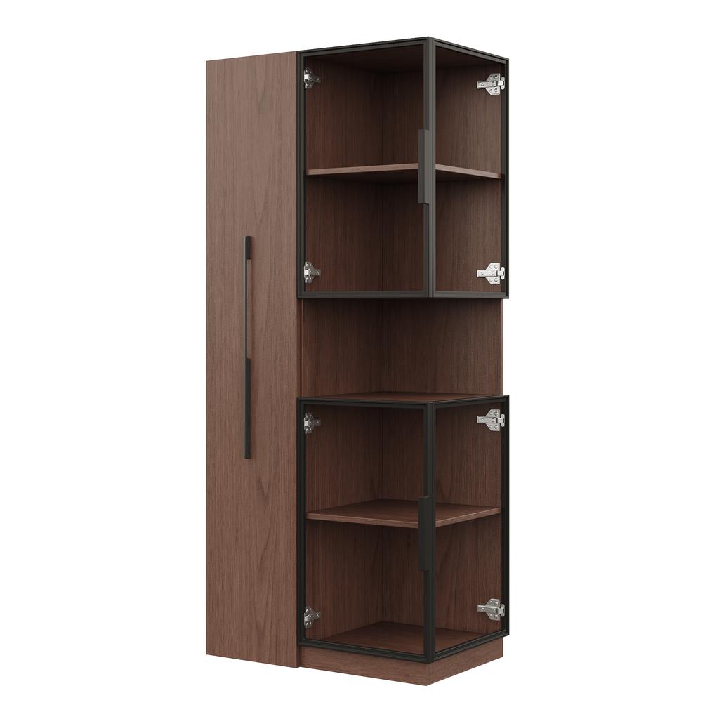 Display Cabinet 70×38×160 Cm with Pull-out Shelf – Double-glass Floor Display Case LED, MDF Cabinet Walnut, for Living Room, Dining Room, Kitchen