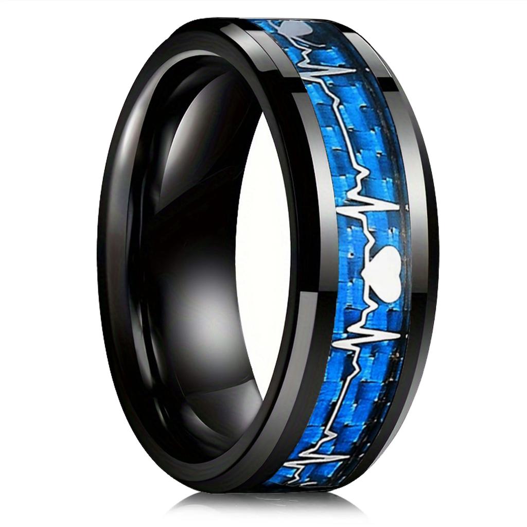 Fashion Heartbeat Stainless Steel Rings for Men With Blue Carbon Fiber Inlay Ring Wedding Jewelry Christmas Gift Accessories
