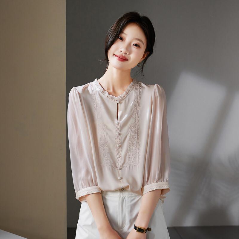 SOFSIL 2026 Summer French Silk Blend Embroidered Ruffle Blouse