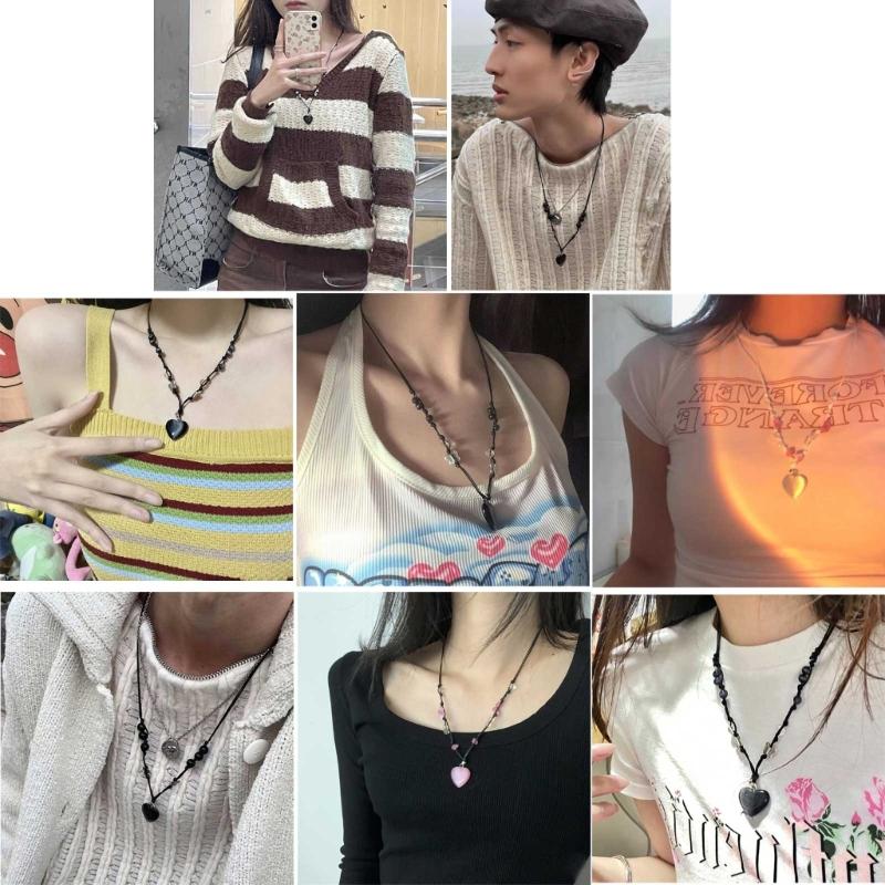 Heart Natural Stone Necklace Woven Rope Chain Choker for Women Girl Unisex Necklace Gemstone-Jewelry Ornament Gift