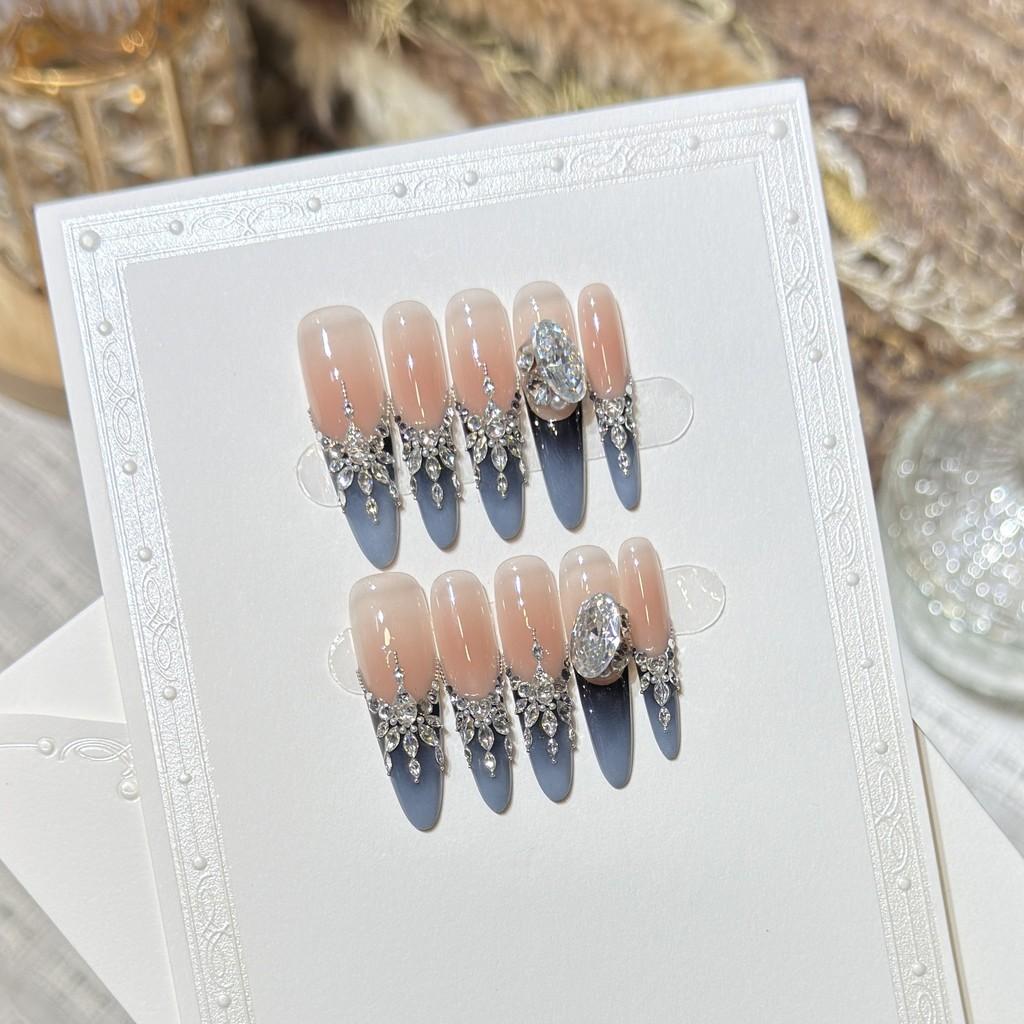 Handmade Press On Nail French High-end Blue Sparkling 3D Diamond Light Luxury Long Stiletto Fake Nail Patch Artificial Nail Reusable