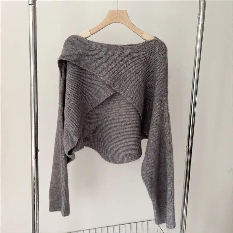 

Осенний нерегулярный короткий вязаный свитер, женская мода, шаль, зимние пуловеры, корейские свободные повседневные укороченные свитера с разрезом на шее, 28896 One Size серый