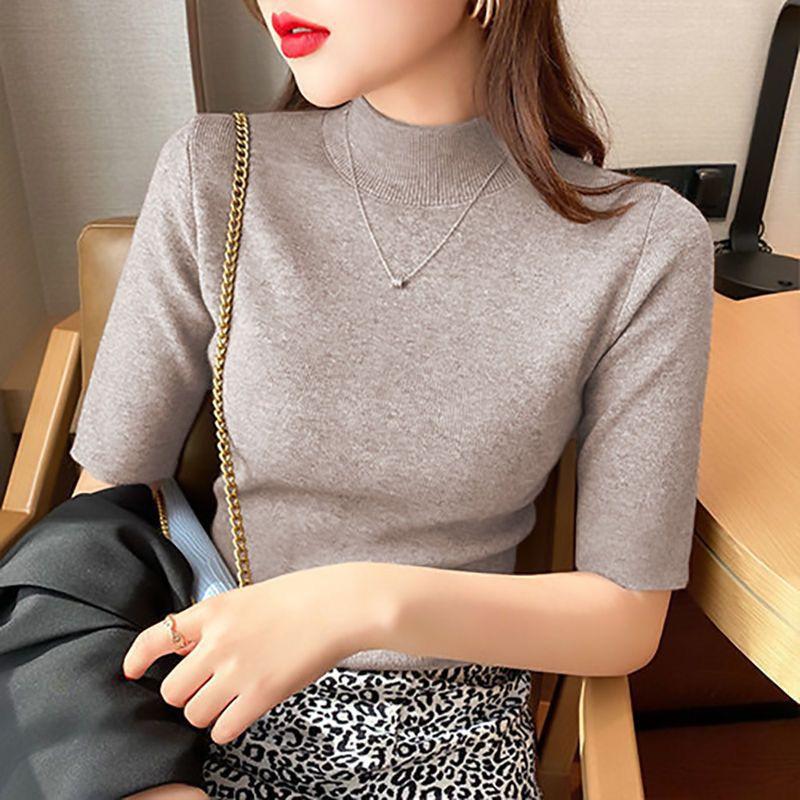 Spring and Autumn thin semi-turtleneck bottoming shirt women's half-sleeved knitted sweater new five-quarter-sleeved slim-fitting foreign-style medium