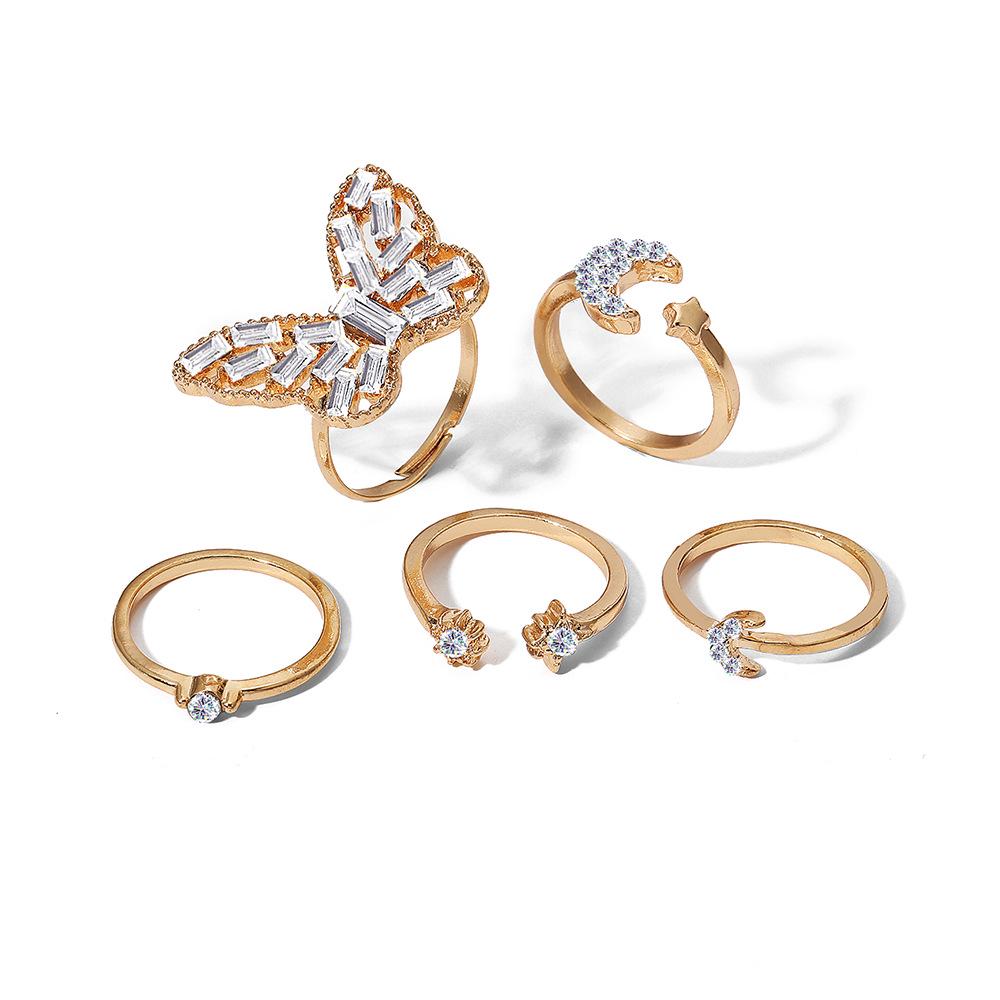Bohemian 5-Piece Star, Moon, Butterfly Rings Set with Full Diamond Inlays - European & American Style