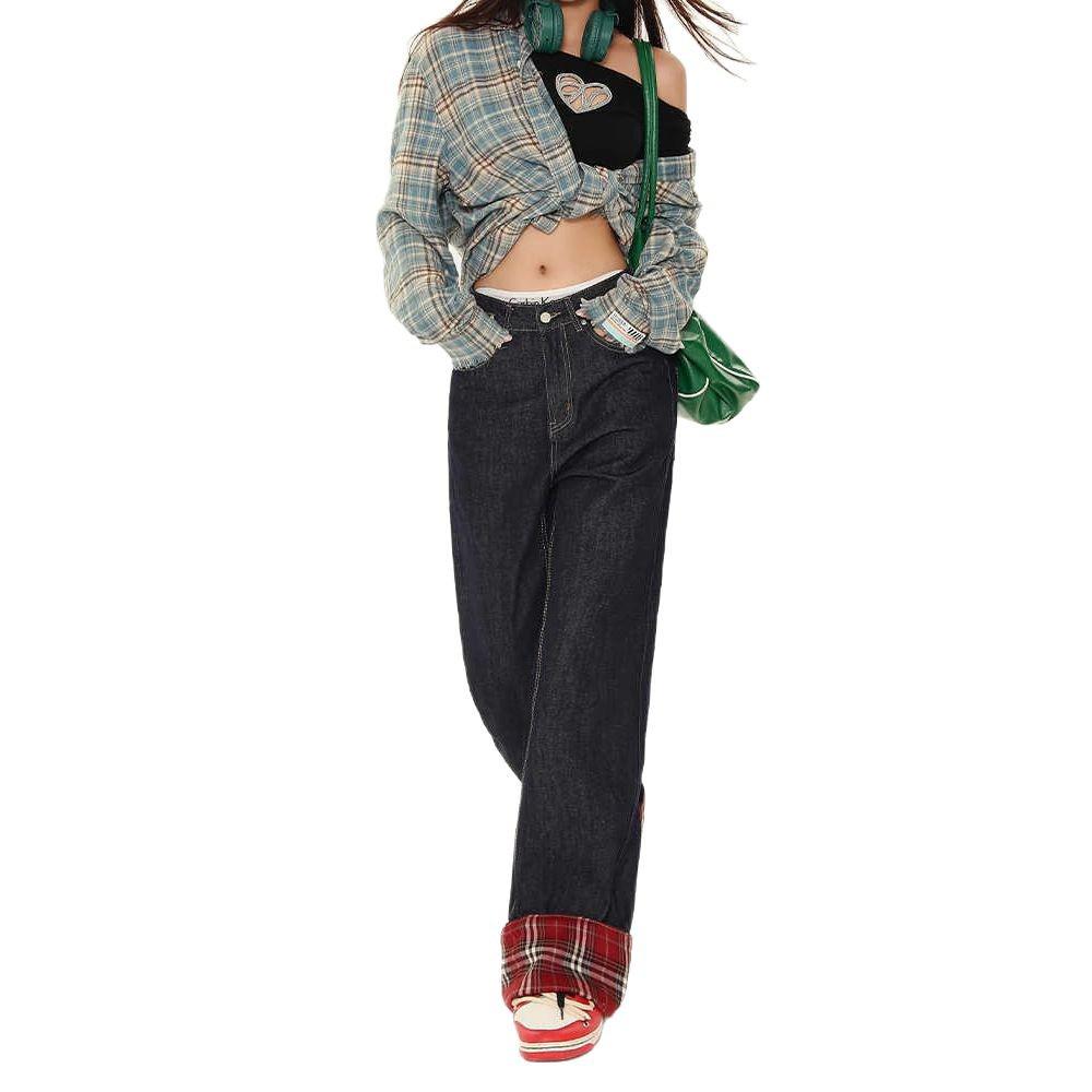 Women's Plus Size High-Waist Dark Blue Plaid Patchwork Wide-Leg Jeans - Autumn Collection