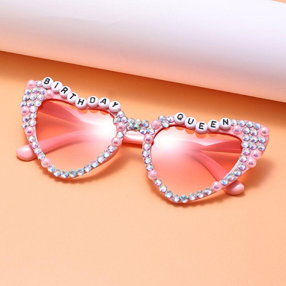 Heart-shaped Frame Pearl Sunglasses English Letters Colorful Black Shades Glasses Bride Eyewear Sun-Protective Travel Glasses