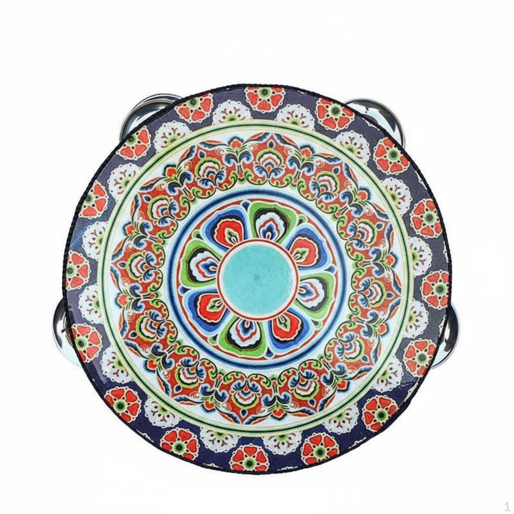 Jingling Tambourine Traditional Artistic Print Headed Educational Toy Dance Accessory for