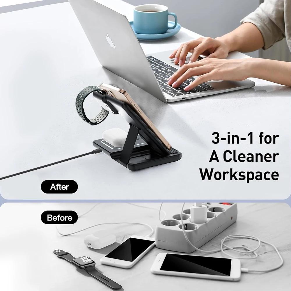 Foldable 30W 3 in 1 Night LED Light Wireless Charger Stand For iPhone Samsung Apple Watch 2-8 SE Airpods Fast Charging Station