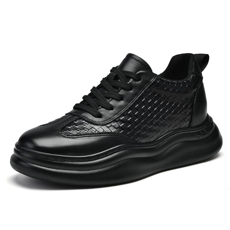 Men s Thick Sole Platform Shoes - Height-Enhancing Low-Top with Embossed Plaid Cowhide Upper 39