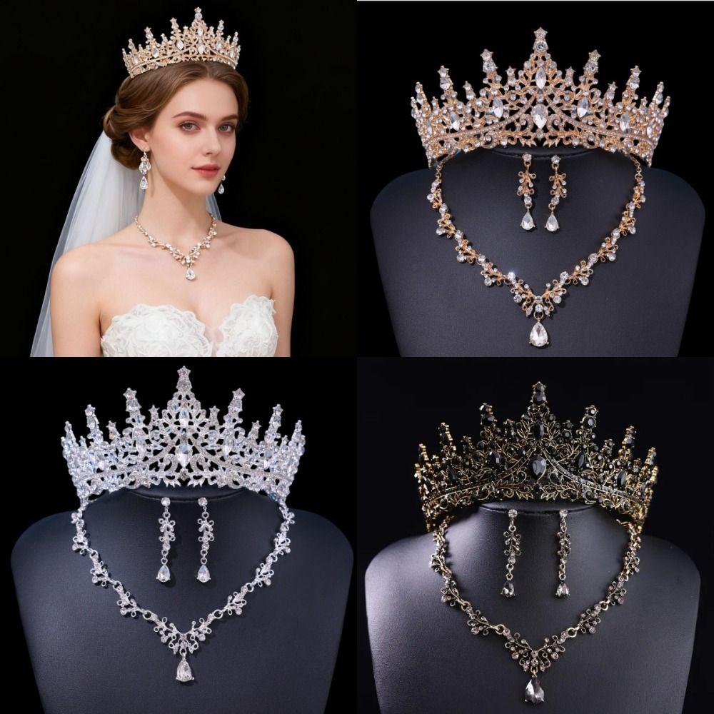 3 Pcs Hair Ornaments Bride Jewelry Sets Metal Necklace Earrings and Crown Sets  Women