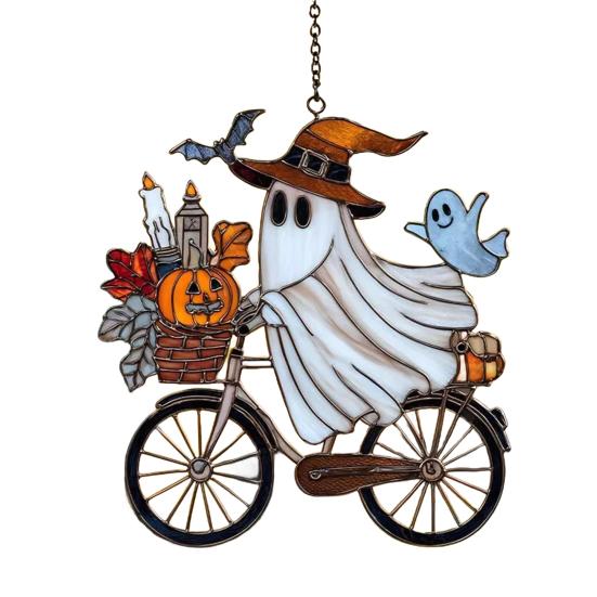 Halloween Pendant Witch Ghost Ride Shape Pendant Image Stained Glass Window Hanging Ornament Festivals Halloween Decoration