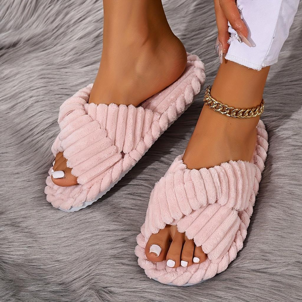 Couple Style Slippers, Lightweight for Home Use. Classic Elegance, Crossed Straps, Fluffy and Soft, Skin Friendly and Warm, One Foot Kick