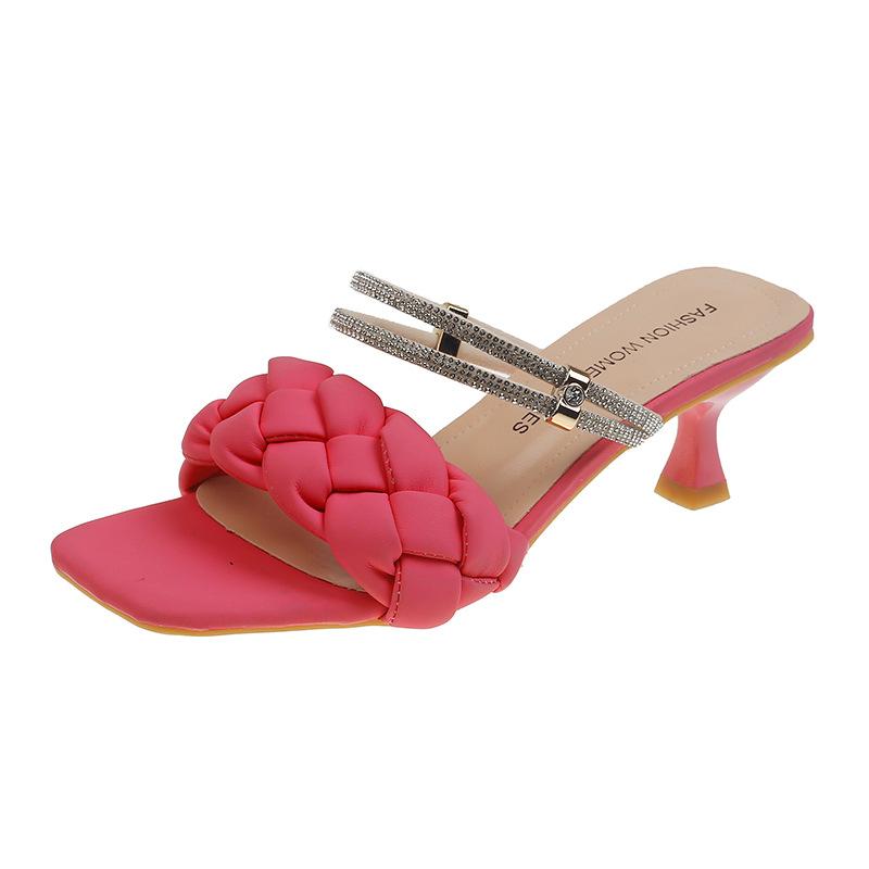 Big Size Square Head High-heeled Slippers Female External Wear Summer Fairy Two Wear Sandals One Word Slippers Fashion Women Summer Breathable Shoes