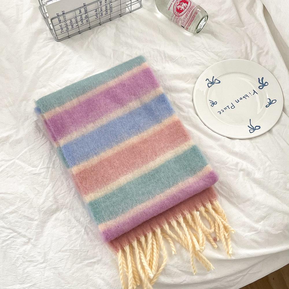 New Rainbow Winter Thickened Warm Scarf For Children Girls Student New Patchwork Color Tassel Scarves Soft Shawl Wrap Shawls