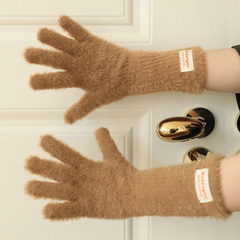 26cm Imitation Mink Velvet Fluffy Solid Women's Gloves Winter Keep Warm Fingertips Touch Screen Fashion Elegant All Match