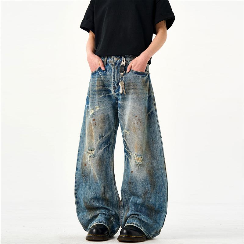 American high street lightning crack dirty dyed ripped scimitar jeans men's and women's wide-leg loose sickle pants
