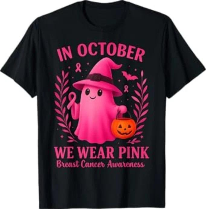 in October We Wear Pink Halloween Breast Cancer Awareness T-Shirt L
