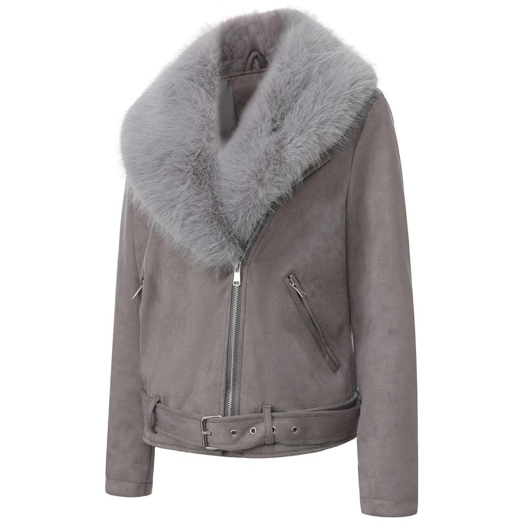 Women’s Faux Fur Coats 2 Way Wear Outfit Detachable Fur Collar Zipper Jacket Matte Faux Suede Crop Top Stylish Motobike Wear