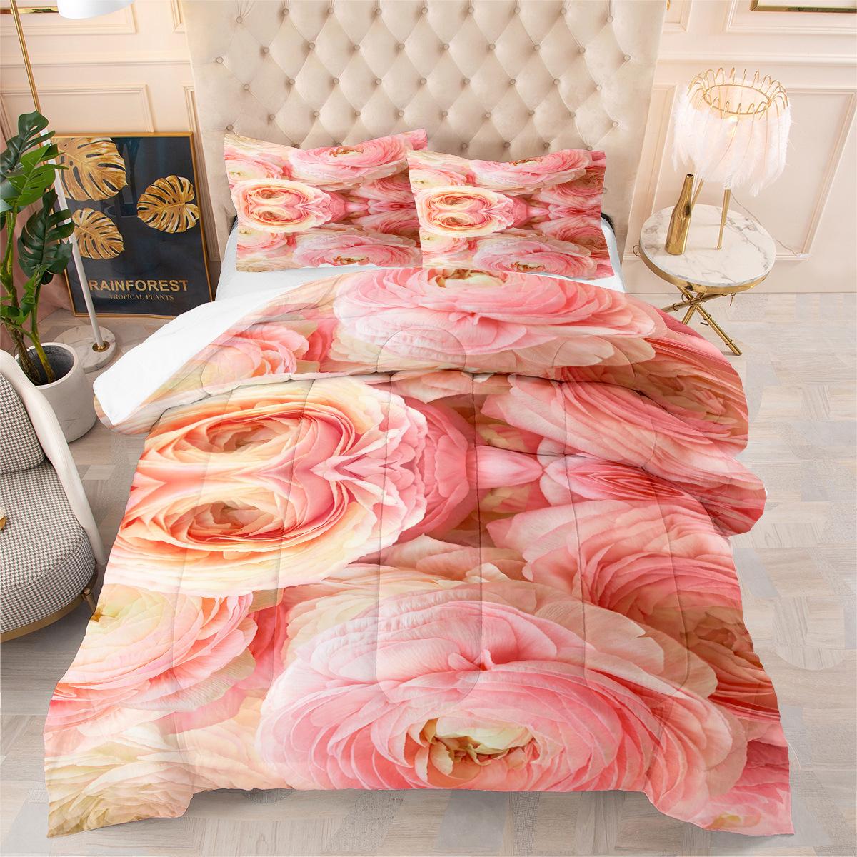 

Pink Rose Floral Fat Quilt Room Decor Home Textiles Printed Bedding Three-piece Set Duvet Cover 140*200cm