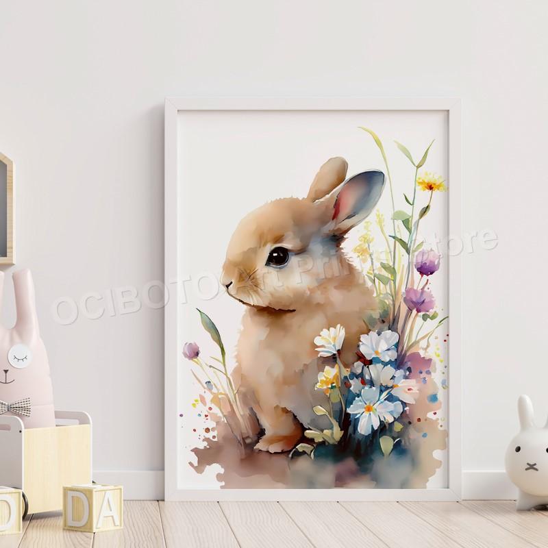 Watercolor Animals Wildflower Lion Rabbit Bear Panda Cow Flamingo Posters Of Wall Art Canvas Prints Picture Baby Kids Room Decor