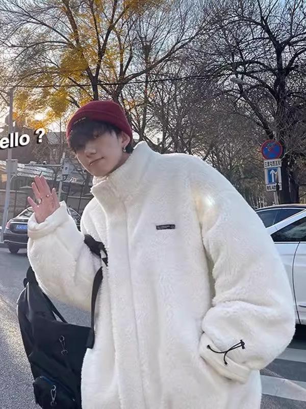 Men's Korean Style Reversible Hong Kong Jacket, Winter Loose Fit, Thick Lamb Wool Cotton Coat, Trendy Couple's Outerwear.