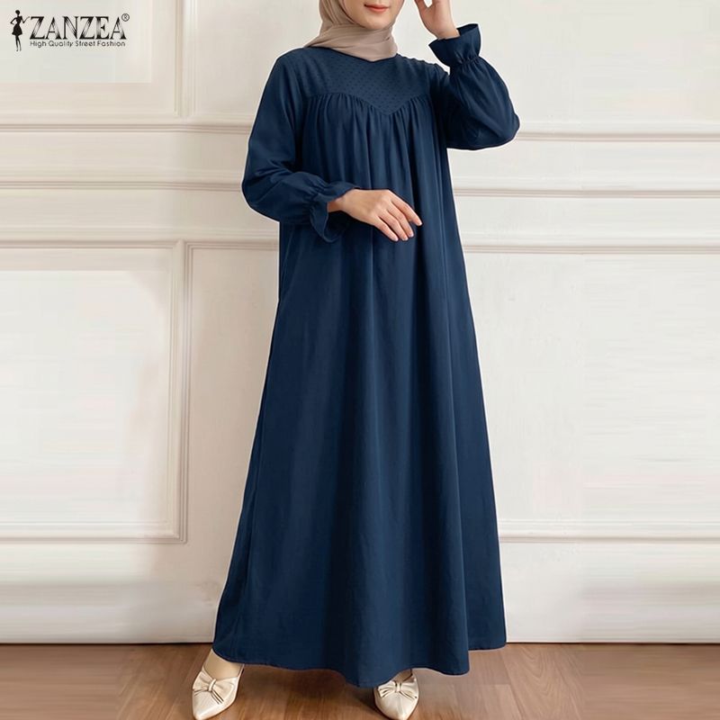 ZANZEA Rochie lungă musulmană lejeră cu mânecă lungă și gât rotund casual pentru femei