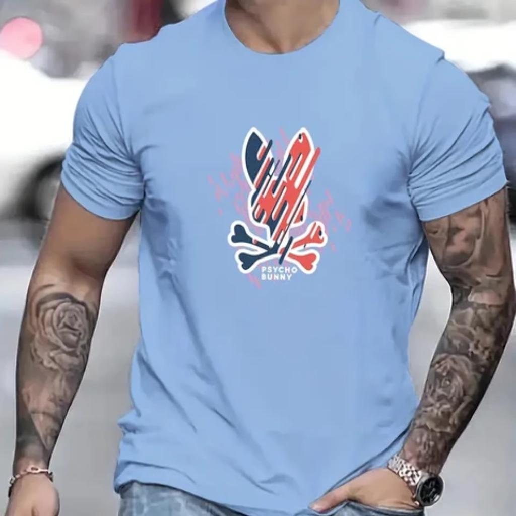 Men's colorful rabbit logo printed T-shirt, hip-hop trend Harajuku street clothing, round neck short sleeved casual top,