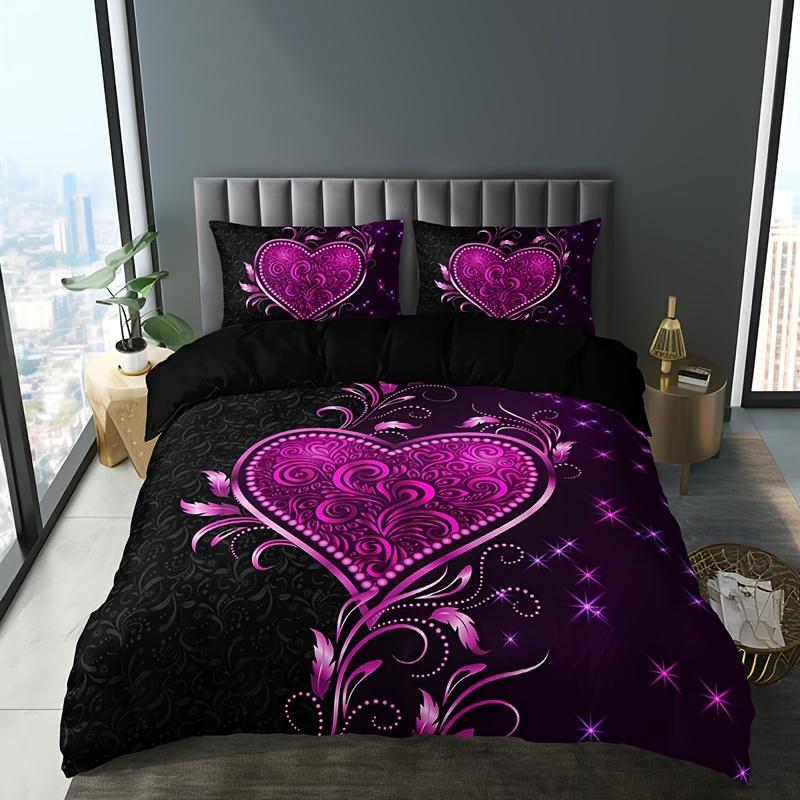 3pcs Purple Heart Rose Floral Duvet Cover Set, 1D+2P (No Pillow Inserts), HD Print for Home & Bedroom, Bedroom Set Couple Gift