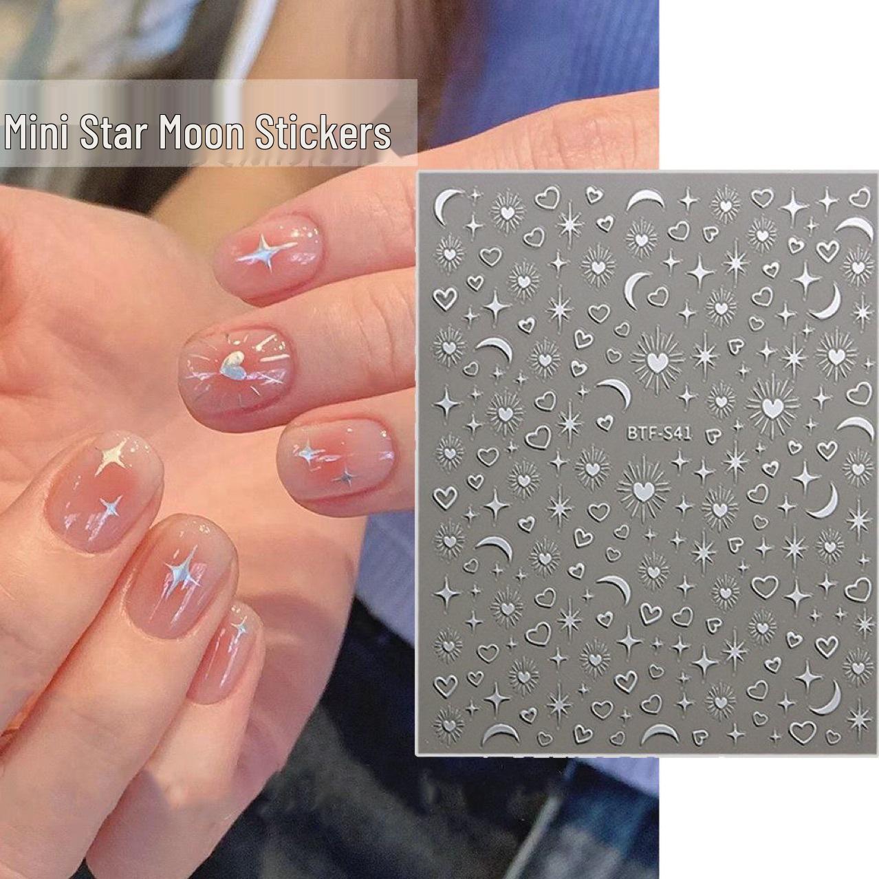 

Popular Mini Starburst Heart, Star, Moon Silver Self-Adhesive Nail Sticker Set