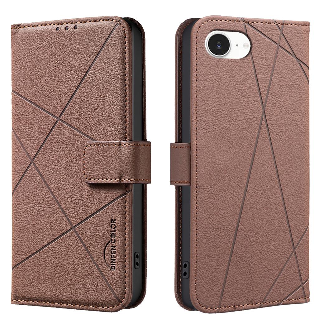 For iPhone 16e Case BINFEN COLOR BF35 Geometry Imprinted Leather Phone Cover RFID Blocking Wallet Stand