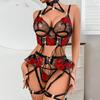 Lingerie Embroidery Flower Tie Cross Hollow Perspective Five Piece Set Other Women's Underwear