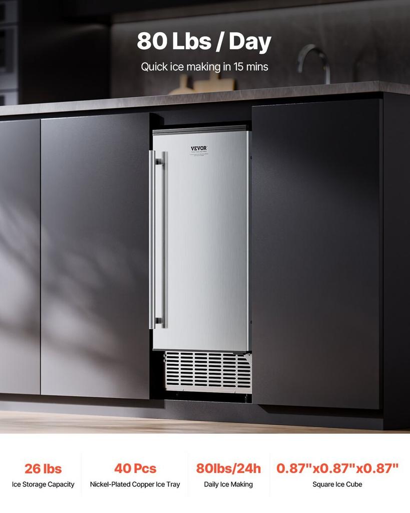 Undercounter Ice Maker 80 Lbs/Day Built-in Ice Machine with Reversible Door