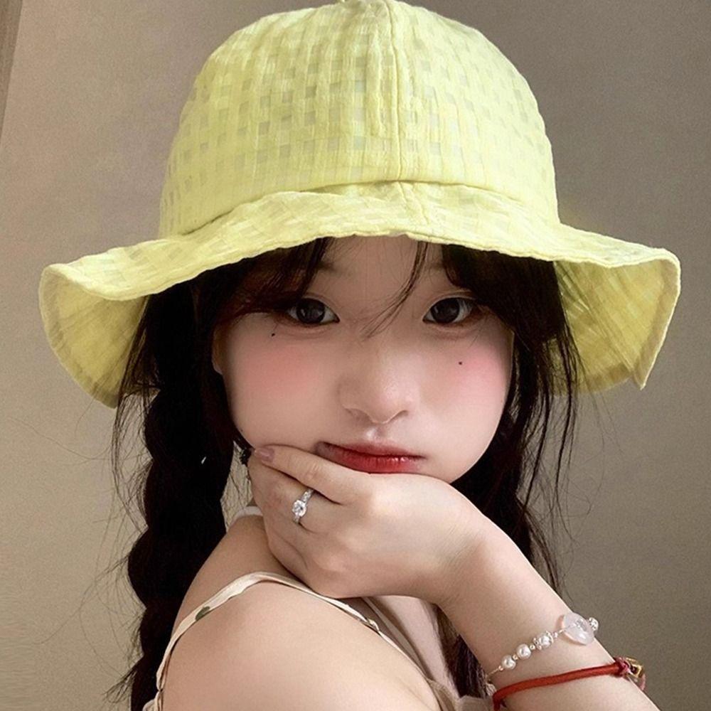 Versatile Fisherman Caps Summer Women's Sun Hat Fashion Plaid Bucket Cap  Travel
