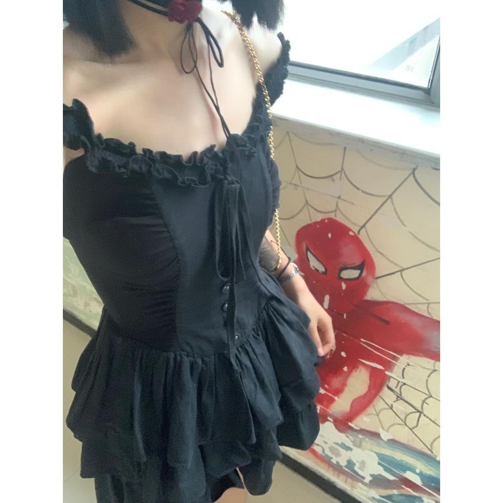 Lotus leaf edge suspender dress female summer drag sister style small black dress temperament elegant girl