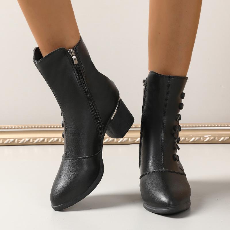 Fashion Women Boots High Quality Leather Ankle Boot Chunky Chelsea High Heels Boots for Women Winter Plush Warm Cotton Boots Botas Mujer