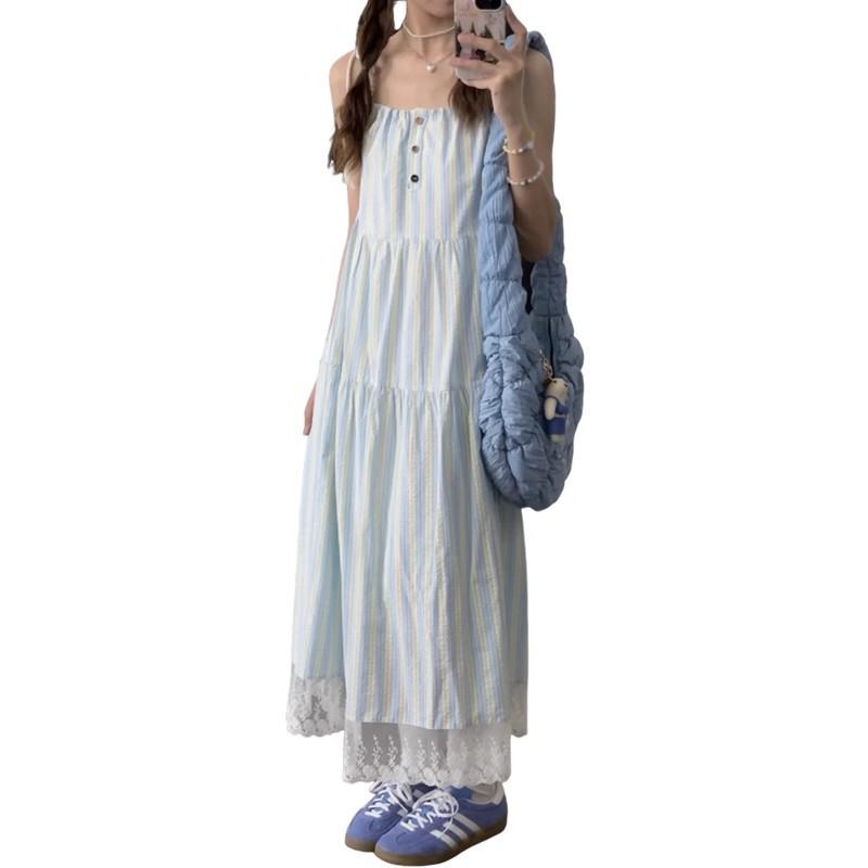 French first love blue suspender dress women's summer new Japanese literary and artistic lazy style long dress slack