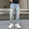 Guochao Denim Daddy Pants Fashion Butterfly Print Light Blue Washed Jeans Men's and Women's Couple Pants