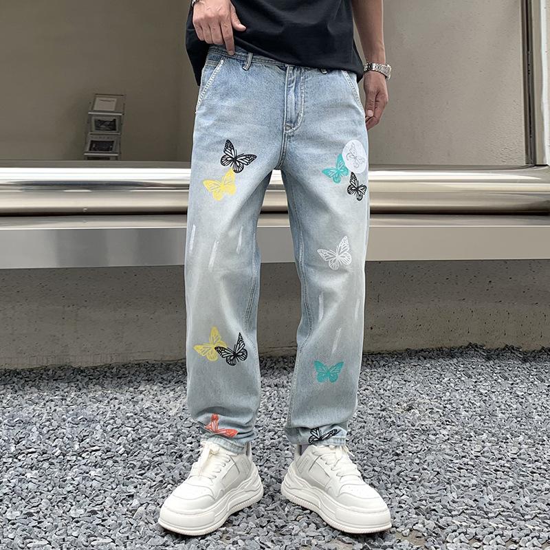 Guochao Denim Daddy Pants Fashion Butterfly Print Light Blue Washed Jeans Men's and Women's Couple Pants