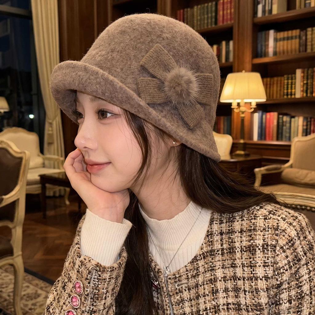 Ladies retro woolen woolen basin hat, bow hairball decorative curling top hat, autumn and winter warm bucket hat