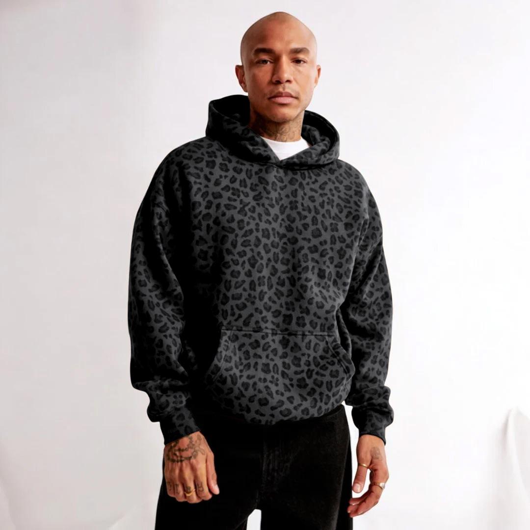 

Men s Loose Fit Hooded Sweatshirt with Leopard Print, Kangaroo Pocket, Casual Pullover 3XL чёрный