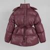 Women's Stand Collar Drawstring Waist Puffer Coat Detachable Hood Long Sleeve Polyester Warm Winter Cotton Jacket