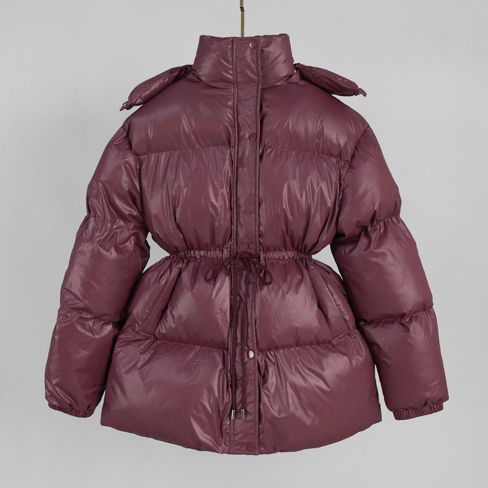 Women's Stand Collar Drawstring Waist Puffer Coat Detachable Hood Long Sleeve Polyester Warm Winter Cotton Jacket