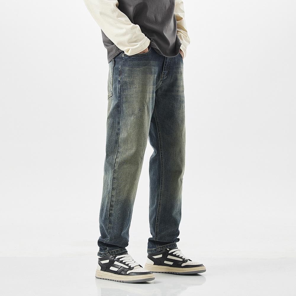 American Vibe Jeans Men's Loose Denim Men's Pants High Street Nostalgic Retro Elastic Denim Trousers Dirty Pants