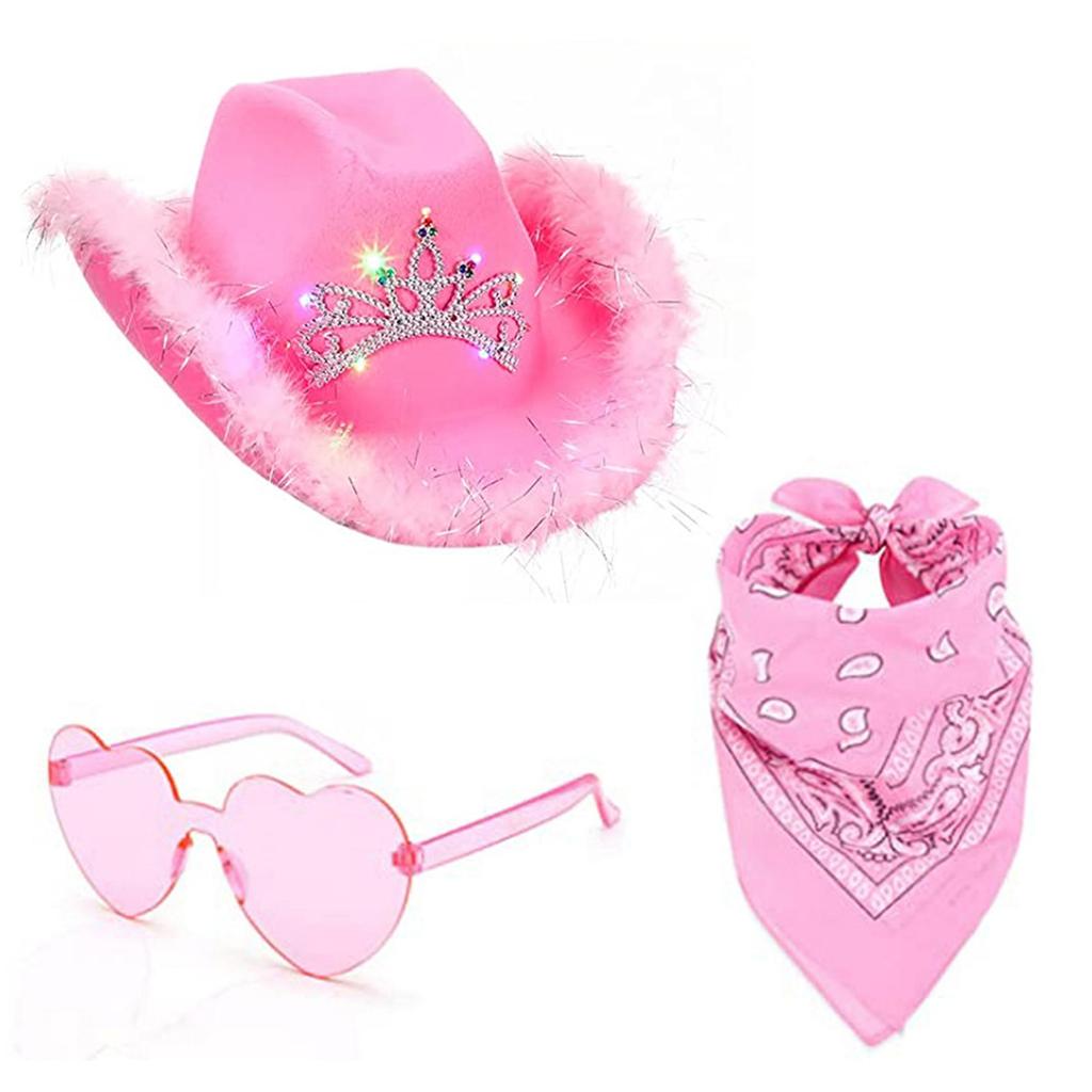 LED Cowboy Hat Bandanas & Sunglasses Costume Set Women Pink Cap Musical Festival Dress Up Hat Bachelorette Party Props