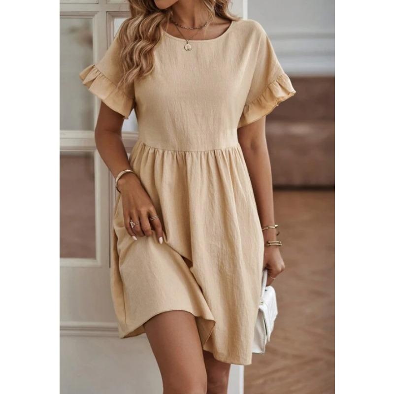 Women's Fashion Summer Spring Solid Color Print Short Sleeve O-Neck Loose Waistline Casual Dresses