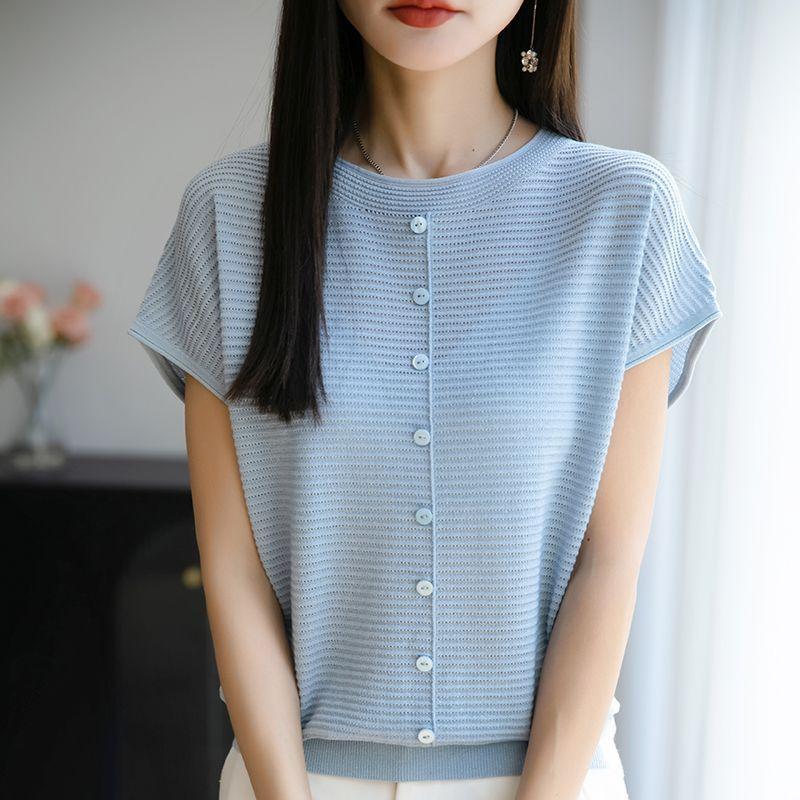 Mulberry Silk Tencel Hollow-out Short-sleeved Knitted Top Summer New Solid Color Base T-Shirts