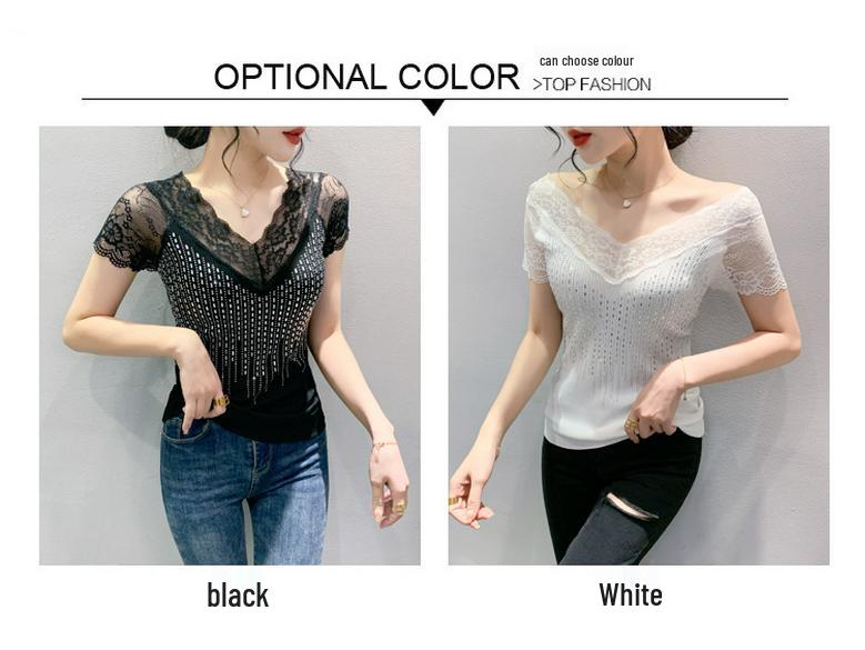 2023 Summer Women's Sexy Lace Slim-Fit Hollow-Out Short Sleeve T-Shirt