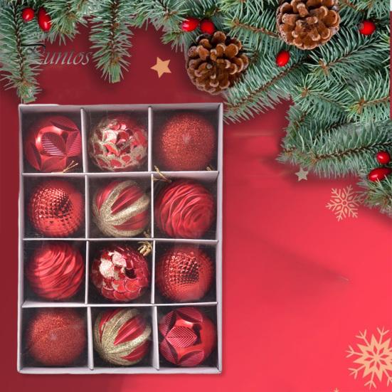 12Pcs Christmas Tree Ball Ornaments 6cm Different Texture with Hanging Lanyard Create Atmosphere Festive Decoration Balls