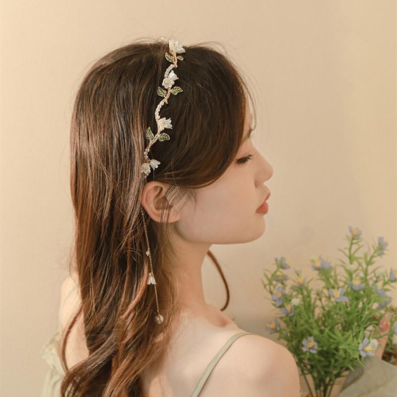 Korean Alloy Pearl Flower Headband Beads Tassel Wave Hair Band Woman Hair Accessories