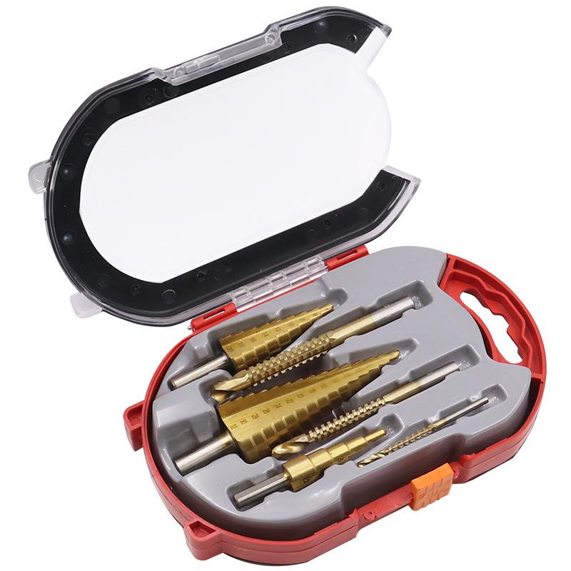 6-Piece Titanium-Plated Pagoda Step Drill Bit Set with Triangle Shank for Woodworking and Grooving